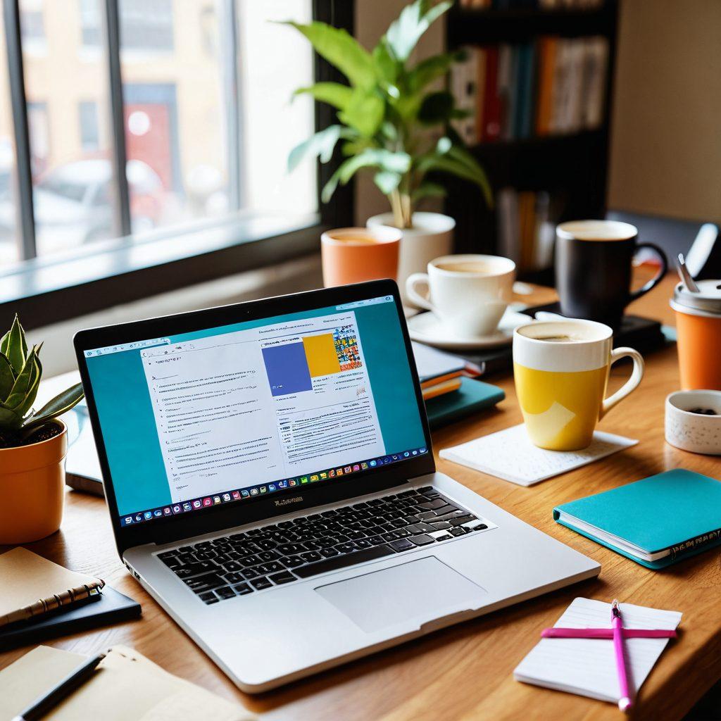 A creative workspace with an open laptop displaying a beautifully designed online journal. Surrounding the laptop are colorful stationery, a steaming cup of coffee, and handwritten notes, symbolizing the process of content creation. In the background, there's a vibrant community of diverse people collaborating and sharing ideas, indicating community building. The overall scene is warm and inviting, encouraging creativity and connection. super-realistic. vibrant colors.