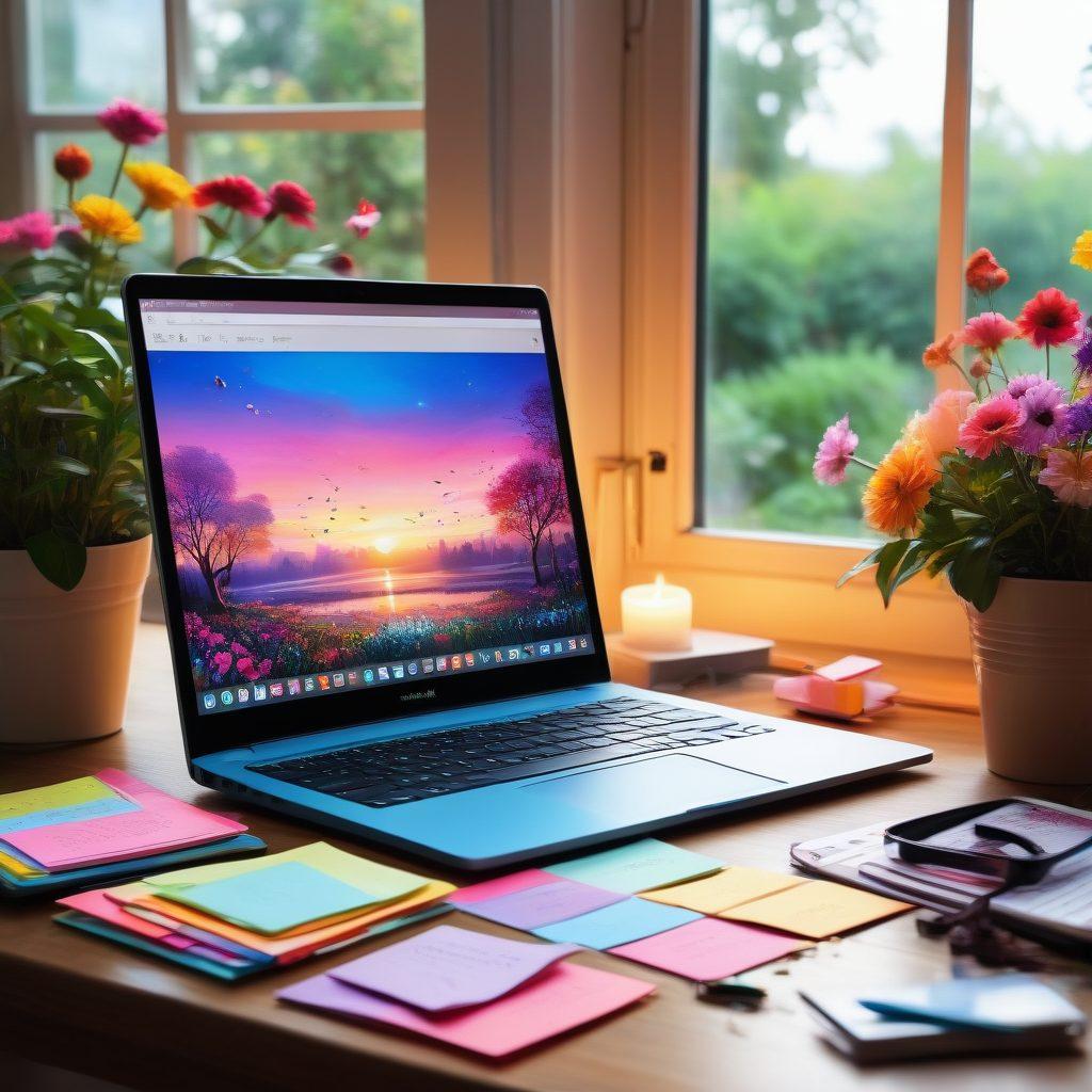 A whimsical desk scene featuring a glowing laptop with a vibrant digital diary interface open, surrounded by colorful stationery, inspiring quotes on sticky notes, and a steaming cup of coffee. In the background, a large window reveals a serene garden filled with blooming flowers and fluttering butterflies, symbolizing creativity and inspiration. The overall atmosphere should be warm and inviting, encouraging a sense of exploration. illustrative, vibrant colors, cozy ambiance.