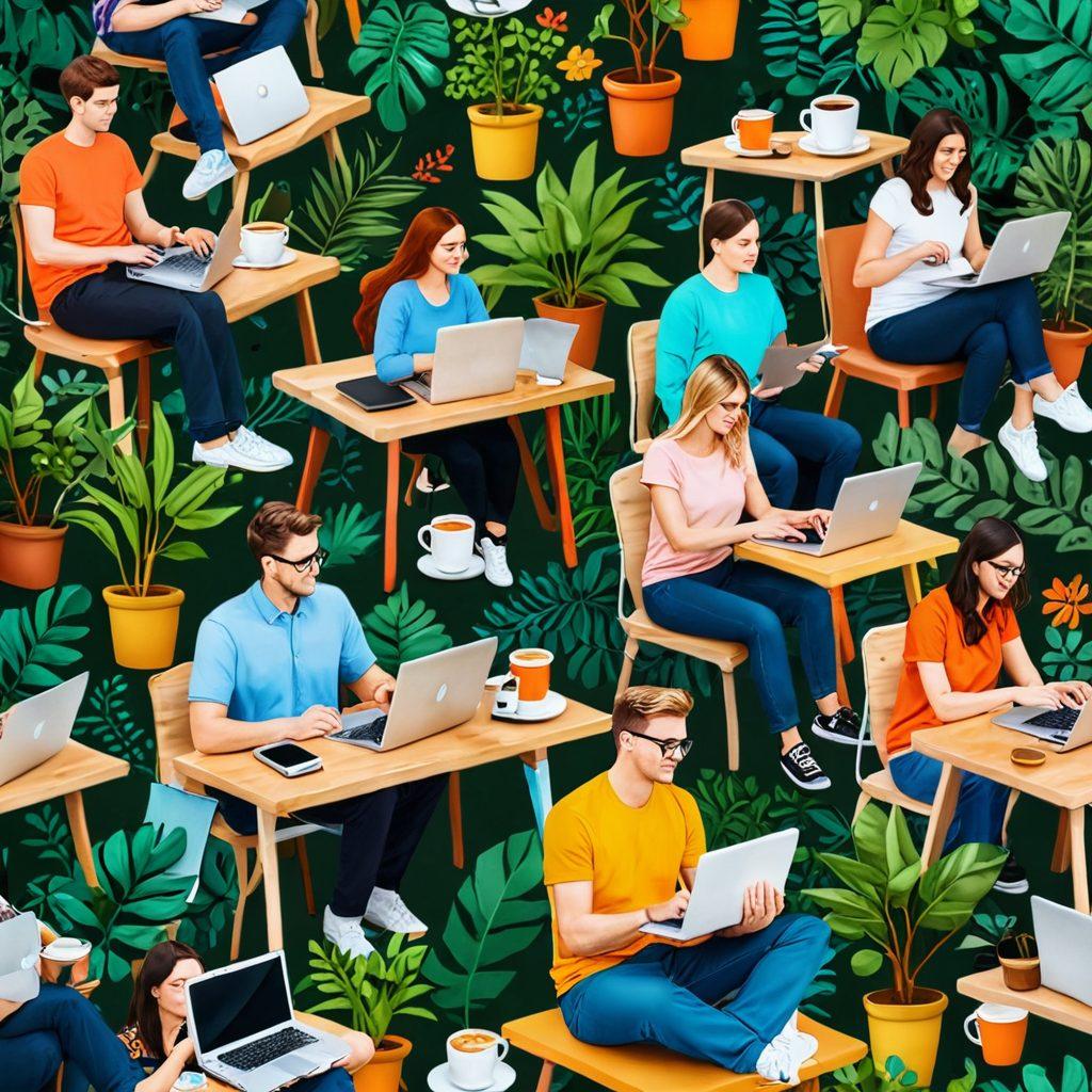 A vibrant, diverse landscape representing the blogging world, with iconic symbols of technology like laptops, smartphones, and social media icons blending into lush lifestyle scenes featuring coffee cups, nature, and people engaged in creative activities. The background should fade from digital elements to earthy tones, illustrating the balance of technology and personal expression. Bright, lively colors to evoke inspiration and community. super-realistic. vibrant colors. 3D.